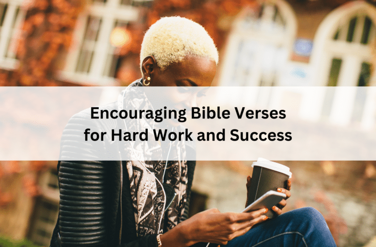 picture of black woman, with short blonde hair and black leather jacket, holding her cell phone in one hand and her coffee in the other. says encouraging bible verses for hard work and success.
