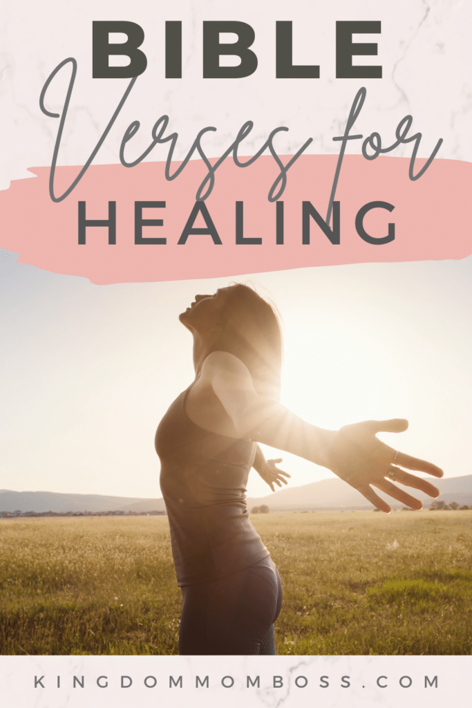 A woman stands in a field at sunrise, arms outstretched joyfully. Text reads "Bible Verses for Healing." The mood is peaceful and uplifting.