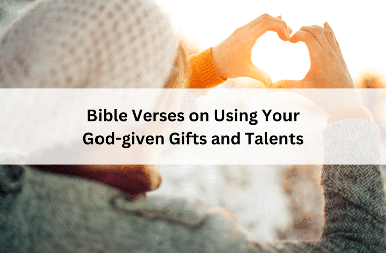 A woman in a cozy coat and hat forms a heart shape with their hands against a warm sunset. Text overlay reads, “Bible Verses on Using Your God-given Gifts and Talents.”