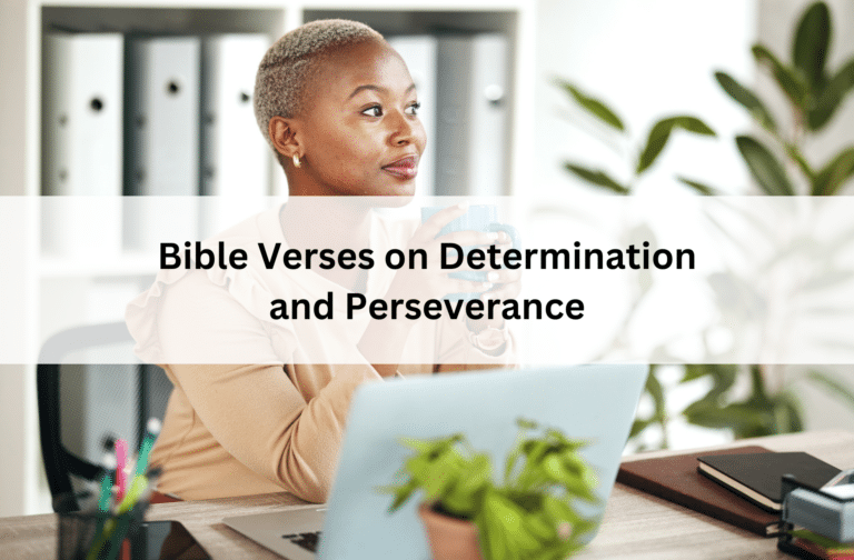 Woman holding a mug, sitting at a desk in a bright office with plants and stationery. Text overlay reads, "Bible Verses on Determination and Perseverance."