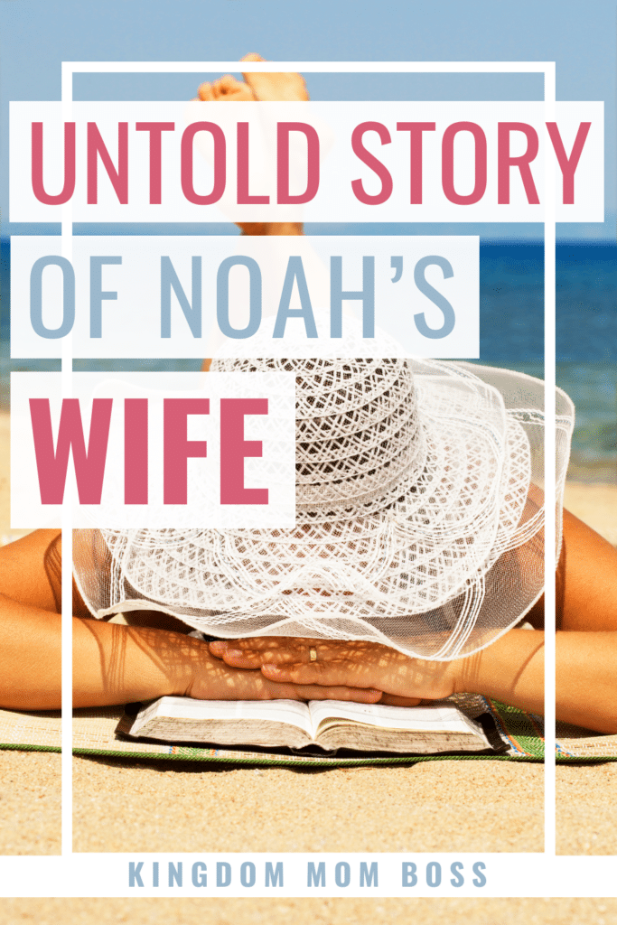 Woman in a white sunhat lies on a beach reading a book with "Untold Story of Noah's Wife" text overlay. Bright, relaxing, and summery tone.