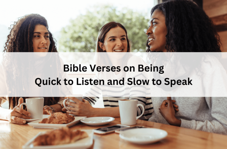 Three women sit at a café table, smiling and talking over coffee and pastries. Text overlay reads, "Bible Verses on Being Quick to Listen and Slow to Speak."