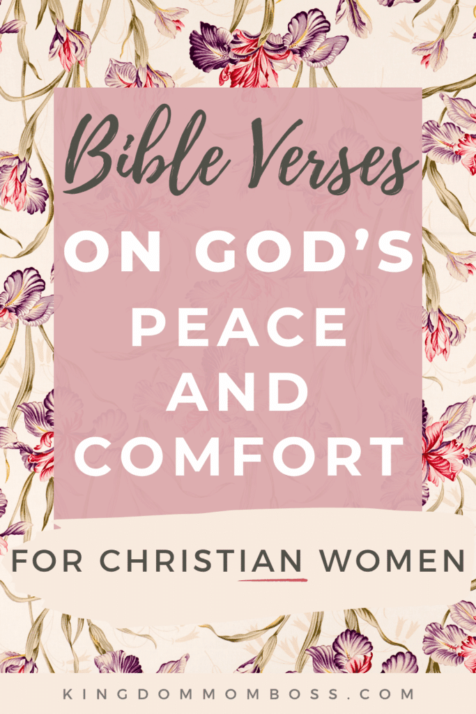 Floral-themed image with pink background text: "Bible Verses on God's Peace and Comfort for Christian Women." Elegant flowers create a serene tone.