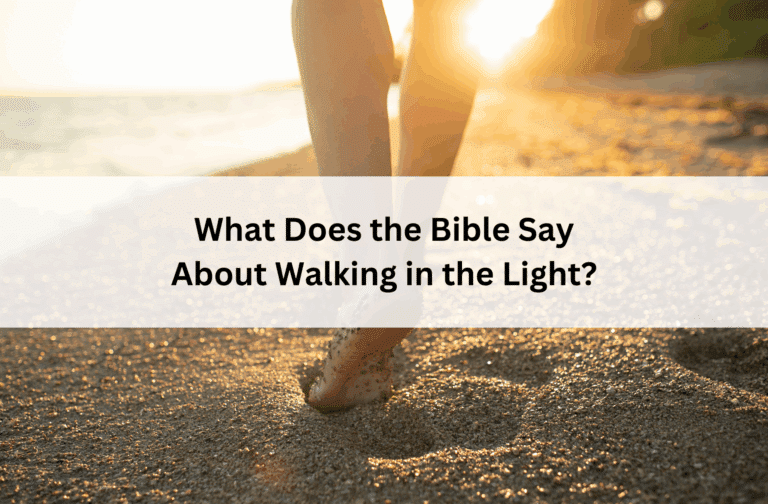 Close-up of barefoot person walking on a sunlit beach, with the text "What Does the Bible Say About Walking in the Light?" overlayed, evoking peace and reflection.