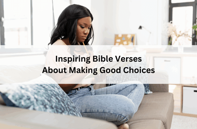 Young woman sits thoughtfully on a couch with a notebook and pencil. Overlay text reads, "Inspiring Bible Verses About Making Good Choices." Cozy, introspective setting.
