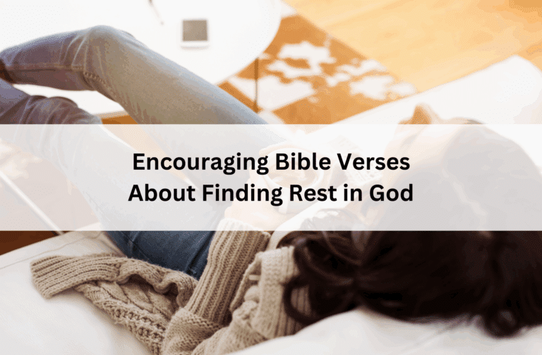 Woman lying on a couch in cozy clothes, with coffee in hand, overlaid with text: “Encouraging Bible Verses About Finding Rest in God.”