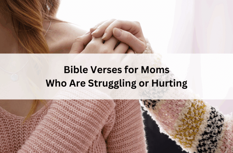 Close-up of one woman comforting another by holding her hand, with text overlay: “Bible Verses for Moms Who Are Struggling or Hurting.”