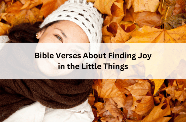 Smiling woman in knit hat and scarf lying in autumn leaves, with text overlay: “Bible Verses About Finding Joy in the Little Things.”