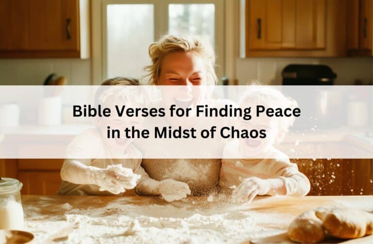 Mom laughing with two kids in a flour-covered kitchen, joyfully messy, with text overlay: “Bible Verses for Finding Peace in the Midst of Chaos.”
