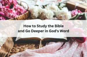 An open Bible rests on a cozy woven mat surrounded by soft pink and white flowers. Text overlay: “How to Study the Bible and Go Deeper in God's Word.”