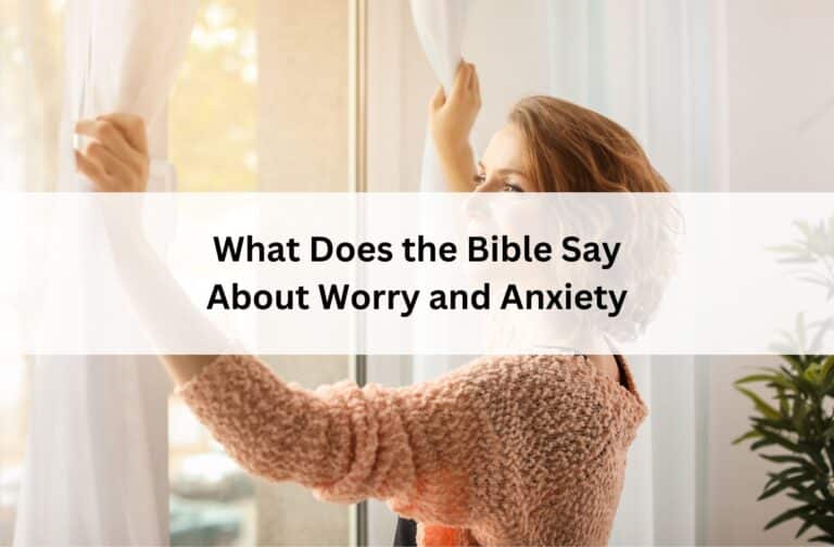 A smiling woman opens white curtains to let in sunlight. Text overlay reads: “What Does the Bible Say About Worry and Anxiety.”