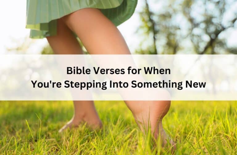 Barefoot person walking through sunlit grass outdoors; overlay text reads “Bible Verses for When You're Stepping Into Something New.”