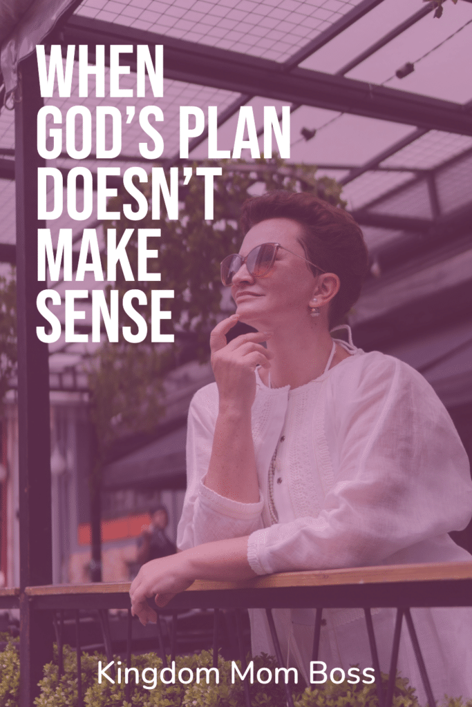 Woman in white blouse and sunglasses at outdoor cafe with text about when Gods plan does not make sense