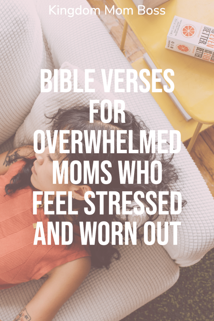 Woman resting on a couch beside a yellow table with books and text overlay Bible Verses for Overwhelmed Moms Who Feel Stressed and Worn Out.