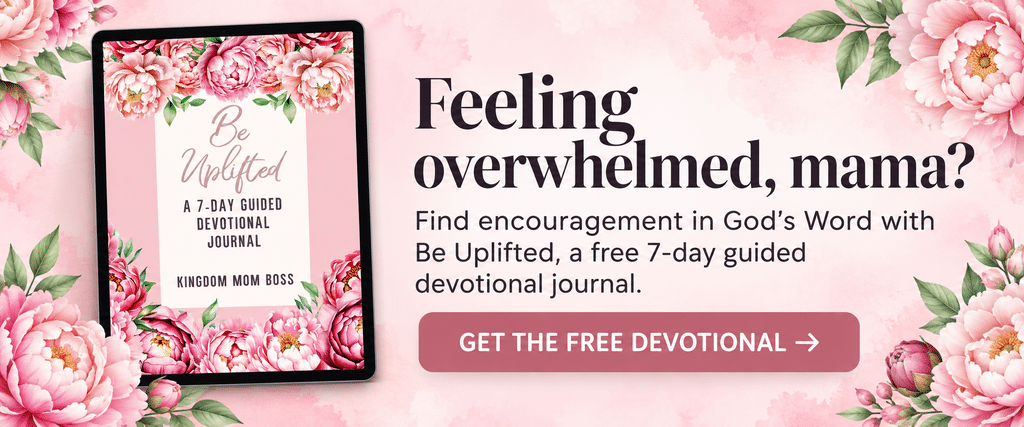 Pink floral graphic promotes “Be Uplifted,” a free 7-day guided devotional journal with encouragement in God’s Word for overwhelmed moms.