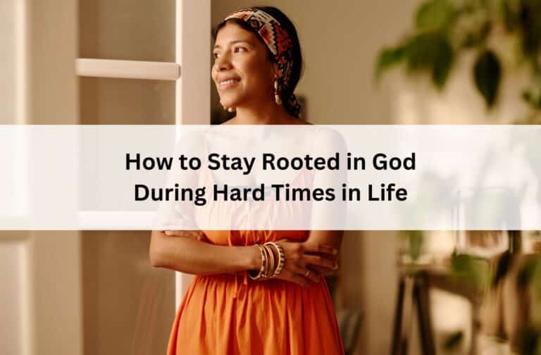 Woman standing by a window with a hopeful smile, symbolizing staying rooted in God through life's challenges with faith, strength, peace, and hope.