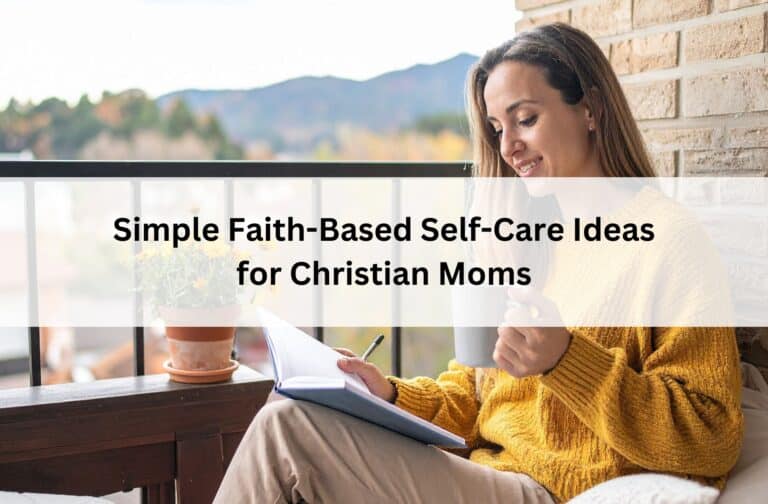 Christian mom journals with coffee on a peaceful balcony, illustrating simple faith-based self-care ideas, rest, reflection, and spiritual renewal.